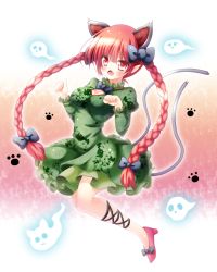Rule 34 | 1girl, animal ears, bow, braid, breasts, cat ears, cat girl, cat tail, cleavage, cleavage cutout, clothing cutout, dress, extra ears, fang, female focus, floral print, ghost, green dress, hair bow, highres, juliet sleeves, kaenbyou rin, large breasts, leg ribbon, long hair, long sleeves, multiple tails, nekomata, open mouth, osashin (osada), paw pose, paw print, pointy ears, puffy sleeves, red eyes, red hair, ribbon, solo, tail, touhou, twin braids, very long hair