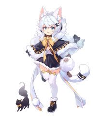 Rule 34 | 1girl, :d, animal ear fluff, animal ears, blue eyes, boots, capelet, cat ears, cat girl, cat tail, fang, full body, fur-trimmed boots, fur-trimmed capelet, fur-trimmed skirt, fur trim, hakuto kinkinko, highres, hood, hood down, hooded capelet, open mouth, original, shirt, skirt, smile, tail, thighhighs, white hair, white thighhighs