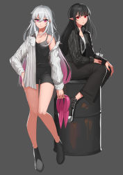 Rule 34 | 2girls, absurdres, black camisole, black footwear, black hair, black jacket, black pants, black shorts, camisole, character request, closed mouth, cup, disposable cup, drinking straw, drum (container), dungeon and fighter, grey background, highres, holding, holding cup, jacket, long hair, long sleeves, looking at viewer, multiple girls, open clothes, open jacket, pants, parted lips, pink eyes, pointy ears, red eyes, rktlek159, shirt, shorts, simple background, sitting, white hair, white jacket, white shirt