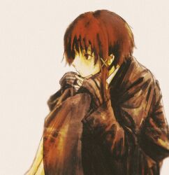 Rule 34 | 1girl, from side, hair ornament, head rest, highres, iwakura lain, knees up, long sleeves, profile, ranm12s, serial experiments lain, short hair, simple background, single sidelock, sitting, solo, x hair ornament
