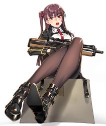 Rule 34 | 1girl, absurdres, black gloves, black pantyhose, breasts, bullpup, female focus, framed breasts, from below, full body, girls&#039; frontline, gloves, gun, h kasei, hair ribbon, half updo, highres, large breasts, legs, long hair, long sleeves, looking at viewer, necktie, open mouth, pantyhose, red eyes, red necktie, red ribbon, ribbon, rifle, side slit, simple background, sitting, sniper rifle, solo, wa2000 (girls&#039; frontline), weapon, white background