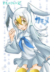 Rule 34 | 1girl, bird girl, bird tail, character name, chiki yuuko, commentary request, common gull (kemono friends), copyright name, cowboy shot, dress, feathered wings, grey dress, head wings, kemono friends, open mouth, sailor collar, smile, solo, tail, thighhighs, vest, white hair, white vest, wings, yellow eyes, yellow thighhighs