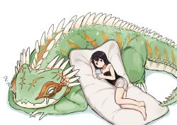 Rule 34 | 1girl, aaa (unkounkounko712), barefoot, highres, lizard, looking at phone, lying, mattress, on side, original, phone, short shorts, shorts, simple background, sleeping, white background