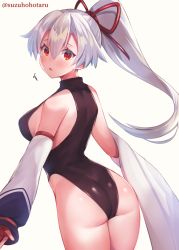 Rule 34 | 1girl, ^^^, arms at sides, ass, bare shoulders, black leotard, blush, commentary request, cowboy shot, detached sleeves, fate/grand order, fate (series), from behind, hair between eyes, heattech leotard, leotard, long hair, looking at viewer, looking back, open mouth, ponytail, red eyes, red ribbon, ribbon, silver hair, sleeveless, sleeveless turtleneck, solo, surprised, suzuho hotaru, sweatdrop, thighs, tomoe gozen (fate), turtleneck, twitter username, very long hair, white background, wide sleeves