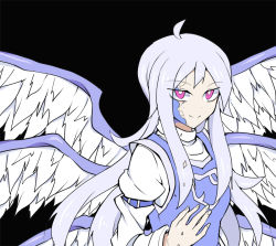 Rule 34 | 1girl, ahoge, alternate eye color, angel wings, aqua hair, armband, bad id, bad pixiv id, black background, blue dress, blue skin, bright pupils, colored skin, cracked skin, dress, emblem, fingernails, hand up, kenuu (kenny), layered dress, long hair, long sleeves, looking at viewer, multiple wings, red eyes, sariel (touhou), sidelocks, silver hair, simple background, smile, solo, touhou, touhou (pc-98), turtleneck, upper body, white dress, white pupils, wings