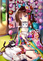 Rule 34 | 1girl, animal, black cat, black footwear, blue bow, blue eyes, blue kimono, blurry, blurry background, blush, bow, brown hair, cat, commentary request, copyright request, covered mouth, day, depth of field, flower, hair bow, hair flower, hair ornament, hakuda tofu, highres, indoors, japanese clothes, kimono, long hair, long sleeves, obi, hugging object, pink flower, print kimono, purple eyes, red bow, ribbon trim, sash, short kimono, solo, striped, striped bow, sunlight, thighhighs, thighs, very long hair, white thighhighs, wide sleeves, yellow bow