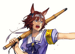 Rule 34 | 1girl, animal ears, armband, bamboo memory (umamusume), blue eyes, bow, bowtie, brown hair, hair between eyes, headband, holding, holding sword, holding weapon, horse ears, jugemu (qqkyon), multicolored hair, open mouth, outstretched arm, puffy short sleeves, puffy sleeves, purple bow, purple bowtie, purple shirt, sailor collar, school uniform, shinai, shirt, short hair, short sleeves, simple background, solo, streaked hair, sweat, sword, tracen school uniform, umamusume, upper body, v-shaped eyebrows, weapon, white background