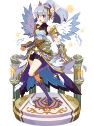 Rule 34 | 1girl, alpha transparency, boots, faux figurine, feathers, full body, harada takehito, makai wars, official art, ponytail, red eyes, silver hair, sparkle, standing, standing on one leg, transparent background, valkyrie (makai wars), wings