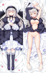Rule 34 | 1girl, armpits, arms up, bare legs, bare shoulders, barefoot, black dress, blush, bottomless, breasts, breasts out, cleft of venus, clothes lift, crystal, dakimakura (medium), doll joints, dress, dress lift, closed eyes, feet, gothic lolita, groin, hair between eyes, hairband, joints, juliet sleeves, kneehighs, layered dress, legs, lolita fashion, lolita hairband, long hair, long sleeves, looking at viewer, lying, multiple views, nipples, on back, open clothes, open dress, open mouth, petals, philomelalilium, puffy sleeves, pussy, red eyes, rozen maiden, silver hair, socks, suigintou, tears, toes, uncensored, white dress