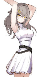Rule 34 | 1girl, absurdres, alternate costume, armpits, arms up, bare arms, bare shoulders, belt, black belt, breasts, commentary, cowboy shot, dress, grey hair, hair between eyes, hair ornament, hairclip, highres, honkai: star rail, honkai (series), large breasts, mini2chainz, simple background, sleeveless, sleeveless dress, solo, standing, stelle (honkai: star rail), trailblazer (honkai: star rail), white background, white dress, yellow eyes