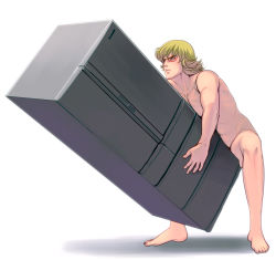 Rule 34 | 10s, 1boy, bad anatomy, bad id, bad pixiv id, barnaby brooks jr., blonde hair, carrying, glasses, kouno (masao), male focus, nude, refrigerator, short hair, simple background, solo, tiger &amp; bunny, what, white background