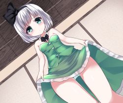 Rule 34 | aqua eyes, bare arms, bare legs, bare shoulders, black bow, black bowtie, blush, bow, bowtie, breasts, closed mouth, clothes lift, collar, frilled skirt, frills, from below, green skirt, headband, indoors, konpaku youmu, legs, long skirt, off-shoulder, panties, panty peek, shamuichi, short hair, skirt, skirt lift, small breasts, standing, touhou, underwear, white hair, wide hips
