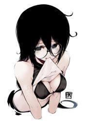 Rule 34 | 1girl, a:n (angrynum), artist logo, black bra, black eyes, black hair, black shirt, bra, breasts, commentary, cropped arms, cropped torso, english commentary, glasses, hair between eyes, long bangs, long hair, medium breasts, mouth hold, no pupils, original, psd available, round eyewear, scales, shirt, simple background, sleeveless, sleeveless shirt, solo, underwear, upper body, white background