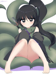 Rule 34 | 1other, adagumo no yaorochi, bare shoulders, barefoot, black eyes, black hair, black sleeves, blush, bottle opener, closed mouth, coat, dated, detached sleeves, green coat, green scarf, highres, holding, holding sword, holding weapon, japanese clothes, len&#039;en, light frown, long hair, long sleeves, looking at viewer, multiple tails, no pants, no shoes, one side up, ougi hina, purple trim, red scarf, scarf, shadow, side ponytail, sitting, sleeveless, sleeveless coat, snake tail, sword, sword of kusanagi, tail, tail censor, tasouken, v-shaped eyebrows, weapon, wide sleeves