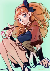 Rule 34 | 10s, 1girl, big hair, blue background, blue eyes, blush, breasts, capelet, drill hair, earrings, hair ornament, hairband, holding, holding wand, jewelry, knees together feet apart, leg tattoo, long hair, melie, open mouth, orange hair, radiant, red capelet, simple background, sitting, skirt, solo, tattoo, wand, yudai mush