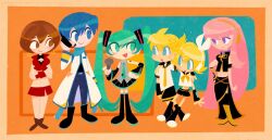 Rule 34 | 2boys, 4girls, aqua eyes, aqua hair, aqua necktie, black footwear, black sleeves, blonde hair, blue eyes, blue hair, blush, boots, border, brother and sister, brown eyes, brown hair, closed mouth, commentary, detached sleeves, earrings, elekilokal, english commentary, full body, hair ornament, hairclip, hand on another&#039;s shoulder, hatsune miku, headset, highres, jewelry, kagamine len, kagamine rin, kaito (vocaloid), long hair, long sleeves, looking at another, megurine luka, meiko (vocaloid), midriff, multiple boys, multiple girls, navel, neckerchief, necktie, open mouth, orange background, orange border, pink hair, purple eyes, red skirt, shirt, short hair, short sleeves, shorts, siblings, simple background, skirt, smile, standing, toon (style), twins, twintails, very long hair, vocaloid, white shirt, yellow neckerchief, yellow necktie