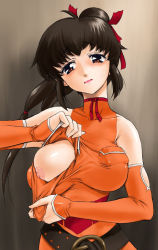 Rule 34 | 00s, 1girl, artist request, belt, black hair, breasts, elbow gloves, final fantasy, final fantasy unlimited, gloves, head tilt, large breasts, lisa pacifist, long hair, nipples, red eyes, solo, sweat, torn clothes, undressing