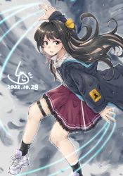 Rule 34 | 1girl, alternate costume, artist logo, black hair, black jacket, colored inner hair, commentary request, dated, frilled skirt, frills, full body, hair ribbon, highres, jacket, kantai collection, ld (luna dial398), long hair, looking at viewer, multicolored hair, naganami (kancolle), pink hair, purple skirt, ribbon, shirt, shoes, skirt, sneakers, solo, string, two-tone hair, white footwear, white shirt