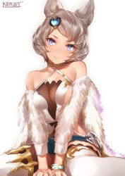 Rule 34 | 10s, 1girl, animal ears, bare shoulders, blue eyes, bracelet, breasts, closed mouth, detached sleeves, erune, eyebrows, frills, fur trim, granblue fantasy, hair ornament, halterneck, head tilt, heart, heart hair ornament, highres, jewelry, large breasts, looking at viewer, mole, mole under mouth, short hair, sideboob, silver hair, simple background, sitting, solo, stella (granblue fantasy), sutera (granblue fantasy), swept bangs, thighhighs, wariza, white background, white thighhighs, yaman (yamanta lov)