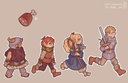 Rule 34 | 1girl, 3boys, animated, animated gif, armor, be-ly, beard, bread, brown hair, chilchuck tims, dungeon meshi, dwarf, elf, facial hair, fake horns, food, from side, full body, helmet, highres, horned helmet, horns, laios touden, loading screen, loaf of bread, long beard, marcille donato, meat, multiple boys, mustache, plate armor, pointy ears, senshi (dungeon meshi), thick mustache, very long beard, walking, walking mushroom (dungeon meshi)