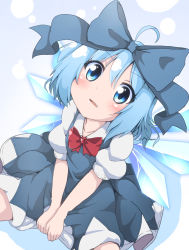 Rule 34 | 1girl, ahoge, alternate hair ornament, blue dress, blue eyes, blue hair, blue ribbon, cirno, commentary request, do (4-rt), dress, fang, hair between eyes, hair ribbon, highres, ice, ice wings, parted lips, puffy short sleeves, puffy sleeves, ribbon, short hair, short sleeves, sitting, solo, touhou, wings