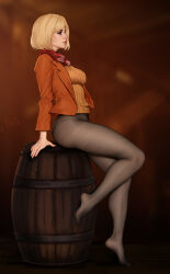 Rule 34 | 1girl, arm support, artist name, ashley graham, barrel, black pantyhose, blonde hair, blue eyes, blurry, blurry background, breasts, depth of field, feet, freli, from side, full body, highres, jacket, legs, lips, medium breasts, no shoes, open clothes, open jacket, orange jacket, orange sweater, pantyhose, profile, red scarf, resident evil, resident evil 4, ribbed sweater, scarf, short hair, sitting, solo, sweater, toes