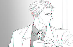 Rule 34 | 1boy, animal print, coffee mug, collared shirt, cup, ega (egavinote), expressionless, formal, greyscale, highres, holding, holding cup, jujutsu kaisen, leopard print, long sleeves, looking to the side, male focus, monochrome, mug, nanami kento, necktie, shirt, short hair, suit, upper body