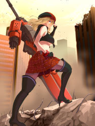 Rule 34 | 10s, 1girl, adjusting clothes, adjusting headwear, alisa ilinichina amiella, bare shoulders, black gloves, black pantyhose, blonde hair, blue eyes, boots, breasts, cabbie hat, city, fingerless gloves, gloves, god eater, god eater burst, gun, hand on own hip, hat, high heel boots, high heels, highres, huge weapon, large breasts, looking back, midriff, nueco, pantyhose, plaid, plaid skirt, rubble, shoes, skirt, solo, suspender skirt, suspenders, sword, thigh boots, thighhighs, underboob, weapon, wind