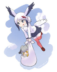 Rule 34 | 10s, 2girls, :d, aged down, baby, bird tail, black hair, black skirt, blue eyes, carrying, commentary request, dated, flying, gradient legwear, grey hair, hair bun, head wings, kemono friends, korean commentary, long sleeves, multicolored clothes, multicolored hair, multicolored legwear, multiple girls, open mouth, oriental stork (kemono friends), pacifier, pantyhose, roonhee, shirt, shoebill (kemono friends), sidelocks, single hair bun, skirt, smile, tail, two-tone hair, v-shaped eyebrows, white background, white shirt, wings, yellow eyes