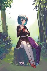 Rule 34 | 1girl, absurdres, ascot, black skirt, black vest, blue eyes, blue hair, bush, clynxen, commentary, commission, cosplay, english commentary, falling leaves, flower, full body, grass, hair ribbon, heterochromia, highres, leaf, long sleeves, looking to the side, outdoors, red ascot, red eyes, red footwear, red ribbon, ribbon, rumia, rumia (cosplay), shirt, short hair, sitting, skirt, solo, tatara kogasa, touhou, tree, tree stump, vest, white shirt