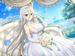 Rule 34 | 1girl, bare shoulders, blue flower, blue sky, blush, bouquet, bow, breasts, bride, bush, carriage, center frills, chair, choker, cleavage, cloud, collarbone, day, dress, elbow gloves, falling petals, fence, floral print, flower, frilled dress, frills, gloves, grass, green eyes, grey hair, hair between eyes, holding, holding bouquet, jewelry, large breasts, lens flare, light particles, long hair, looking at viewer, mountain, mountainous horizon, ocean, official alternate costume, official art, outdoors, pendant, petals, picket fence, plant, ring, rose, see-through, see-through cleavage, senkou (senran kagura), senran kagura, senran kagura new link, shiny skin, sitting, sky, solo, tiara, tree, tsurime, waist bow, water, wedding, wedding dress, wedding ring, white choker, white dress, white flower, white gloves, white rose, wooden fence, yaegashi nan
