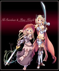 Rule 34 | 2girls, animal ears, anniversary, armor, armored boots, bikini armor, black legwear, blonde hair, blush, boots, breasts, brown capelet, brown dress, cape, capelet, cat ears, character name, chest guard, cleavage, closed mouth, commentary request, dated commentary, dress, expressionless, floral print, frilled dress, frills, full body, gauntlets, highres, holding, holding sword, holding weapon, katana, kawagoe pochi, long hair, looking at viewer, medium breasts, midriff, multiple girls, navel, open mouth, pauldrons, pointy ears, purple eyes, ragnarok online, red cape, red headwear, rose print, rune knight (ragnarok online), shoulder armor, smile, spiked gauntlets, spiked pauldrons, sword, swordsman (ragnarok online), thighhighs, weapon
