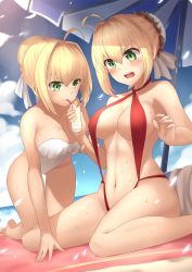 Rule 34 | 10s, 2girls, ahoge, all fours, artoria pendragon (all), artoria pendragon (fate), beach towel, beach umbrella, blonde hair, blurry, blush, braid, breasts, bu li, cleavage, cloud, day, depth of field, drinking, fate/extra, fate/extra ccc, fate/stay night, fate (series), green eyes, medium breasts, multiple girls, navel, nero claudius (bride) (fate), nero claudius (fate), nero claudius (fate) (all), nero claudius (fate/extra), official alternate costume, one-piece swimsuit, open mouth, outdoors, red one-piece swimsuit, red slingshot swimsuit, saber (fate), sitting, sky, slingshot swimsuit, strap gap, swimsuit, towel, umbrella, wariza, white one-piece swimsuit, wind