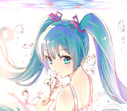 Rule 34 | 1girl, air bubble, aqua hair, blue eyes, bubble, commentary request, dress, flower, from side, hair between eyes, hair ribbon, hatsune miku, holding, holding flower, long hair, looking at viewer, purple ribbon, revision, ribbon, sidelocks, solo, twintails, underwater, upper body, vocaloid, white dress, white flower, yan (nicknikg)