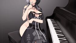 Rule 34 | 1girl, black choker, black dress, black hair, black nails, blush, breasts, choker, covering privates, dress, finger to mouth, grey hair, highres, holding, holding clothes, hololive, hololive english, instrument, large breasts, long hair, m r b, multicolored hair, nail polish, nude, nude cover, piano, piano bench, shiori novella, shiori novella (1st costume), sitting, smile, solo, split-color hair, two-tone hair, unworn clothes, unworn dress, virtual youtuber
