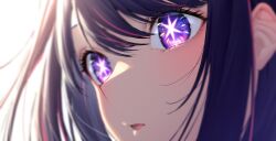 Rule 34 | 1girl, absurdres, blurry, blush, close-up, commentary, depth of field, eyebrows hidden by hair, eyelashes, eyes visible through hair, highres, hoshino ai (oshi no ko), lips, nose, oshi no ko, parted lips, purple eyes, purple hair, sakura shiho, sidelighting, sidelocks, simple background, solo, star-shaped pupils, star (symbol), swept bangs, symbol-shaped pupils, white background