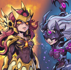 Rule 34 | 2girls, angry, armor, black bodysuit, bodysuit, breasts, collarbone, covered navel, diana (league of legends), eye mask, gold armor, green background, grey hair, grin, holding, holding weapon, large breasts, league of legends, leona (league of legends), long hair, multiple girls, orange background, orange eyes, phantom ix row, red hair, shiny clothes, shoulder armor, smile, teeth, weapon