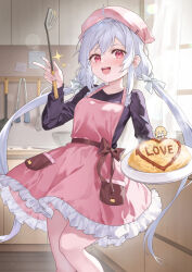 Rule 34 | 1girl, apron, blush, fang qiao, food, food writing, hat, highres, holding, holding food, indoors, ketchup, long hair, long sleeves, looking at viewer, omelet, omurice, open mouth, original, pink apron, plate, purple shirt, red eyes, shirt, smile, solo, spatula, twintails, white hair