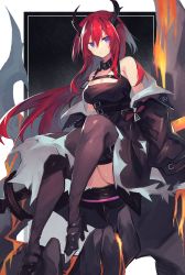 Rule 34 | 1girl, arknights, bare shoulders, belt, black belt, black dress, black footwear, black jacket, black thighhighs, breasts, chest belt, cleavage, closed mouth, demon horns, detached collar, dress, hair between eyes, hair intakes, high heels, highres, horns, jacket, large breasts, long hair, long sleeves, looking at viewer, off shoulder, open clothes, open jacket, purple eyes, red hair, sasa onigiri, short dress, solo, surtr (arknights), thighhighs