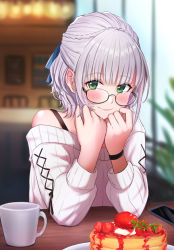 Rule 34 | 1girl, blurry, blurry background, blush, braid, cellphone, closed mouth, commentary, cup, food, french braid, fruit, glasses, green eyes, hair ribbon, head rest, hololive, indoors, looking at viewer, looking over eyewear, off-shoulder sweater, off shoulder, official alternate costume, pancake, phone, restaurant, ribbed sweater, ribbon, sasaki (glass1138), shirogane noel, shirogane noel (casual), short hair, silver hair, sitting, smartphone, smile, solo, strawberry, sweater, upper body, virtual youtuber, white sweater, wristband