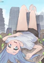 Rule 34 | absurdres, bad deviantart id, bad id, bare legs, barefoot, blue eyes, blue hair, blush, building, city, d3ere, giant, giantess, highres, lazy eye, legs up, long hair, looking at viewer, loose clothes, loose shirt, lying, on back, people, road, shirt, shorts, street, thighs