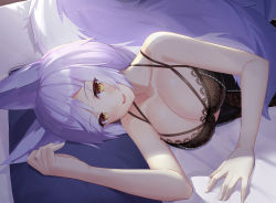 Rule 34 | 1girl, absurdres, animal ears, arknights, breasts, brown eyes, cleavage, highres, indoors, large breasts, lingerie, looking at viewer, lying, muji (majunduo), on bed, on side, open mouth, provence (arknights), short hair, silver hair, smile, solo, tail, underwear