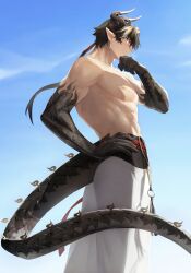 Rule 34 | 1boy, abs, absurdres, arknights, bara, blue sky, chong yue (arknights), cloud, commentary, dragon boy, dragon horns, dragon tail, earrings, hand on own hip, highres, horns, jewelry, looking at viewer, male focus, okonon (kado colda), pants, pectorals, pointy ears, ponytail, red eyes, sky, tail, topless male, white pants, wiping face