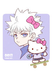 Rule 34 | 1boy, 1girl, annoyed, black shorts, bow, closed mouth, commentary, cosplay, cropped shoulders, crossover, english commentary, hair bow, hello kitty, hello kitty (character), holding, hunter x hunter, kariki hajime, killua zoldyck, killua zoldyck (cosplay), layered sleeves, long sleeves, looking at viewer, messy hair, no mouth, pink bow, purple background, purple eyes, purple shirt, sanrio, shirt, short hair, short over long sleeves, short sleeves, shorts, skateboard, skateboarding, spiked hair, twitter username, two-tone background, white background, white hair, yo-yo