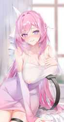Rule 34 | 1girl, absurdres, bare shoulders, breasts, cleavage, covered erect nipples, detached sleeves, elf, elysia (honkai impact), hair ornament, highres, honkai (series), honkai impact 3rd, large breasts, long hair, looking at viewer, meisansan, nail polish, on bed, pink hair, pointy ears, purple eyes, sitting, smile, solo, steam, sweat, teeth, thigh strap