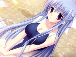 Rule 34 | 1girl, atelier kaguya, blue hair, choco chip, competition swimsuit, dutch angle, game cg, long hair, non-web source, one-piece swimsuit, onoshima kusumi, prima stella, purple eyes, solo, swimsuit