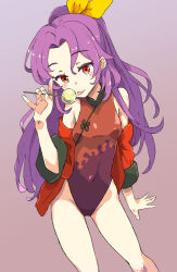 Rule 34 | 1girl, bare shoulders, candy, coat, food, gradient background, highres, holding, holding candy, holding food, holding lollipop, jack (wkm74959), komakusa sannyo, lollipop, long hair, looking at viewer, one-hour drawing challenge, ponytail, purple hair, red coat, red eyes, swimsuit, thighs, tongue, tongue out, touhou, wavy hair, yellow headwear