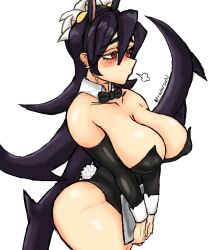 Rule 34 | 1girl, black hair, blush, bow, bowtie, breasts, breath, cleavage, collarbone, cowboy shot, detached collar, detached sleeves, filia (skullgirls), frederpahl, highres, large breasts, leotard, long hair, playboy bunny, purple hair, rabbit ears, rabbit tail, red eyes, skullgirls, solo, thick thighs, thighs, wrist cuffs