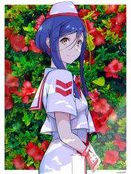 Rule 34 | 1girl, aged up, aika granzchesta, andanden, aria (manga), blue hair, bow, bowtie, chevron (symbol), closed mouth, cowboy shot, cropped shirt, dress, earrings, fingerless gloves, flower, from side, garrison cap, gloves, hair between eyes, hair ornament, hairclip, hat, highres, himeya company uniform, jewelry, looking at viewer, red bow, red bowtie, red gloves, sailor collar, sailor shirt, shirt, short hair with long locks, short sleeves, sidelocks, single fingerless glove, smile, solo, summer uniform, swept bangs, undine (aria), white dress, white shirt, yellow eyes