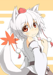 Rule 34 | 1girl, animal ears, bare shoulders, blush, dango, detached sleeves, eating, female focus, food, hat, hecchi (blanch), inubashiri momiji, looking back, red eyes, short hair, silver hair, smile, solo, tail, tokin hat, touhou, wagashi, wolf ears, wolf tail